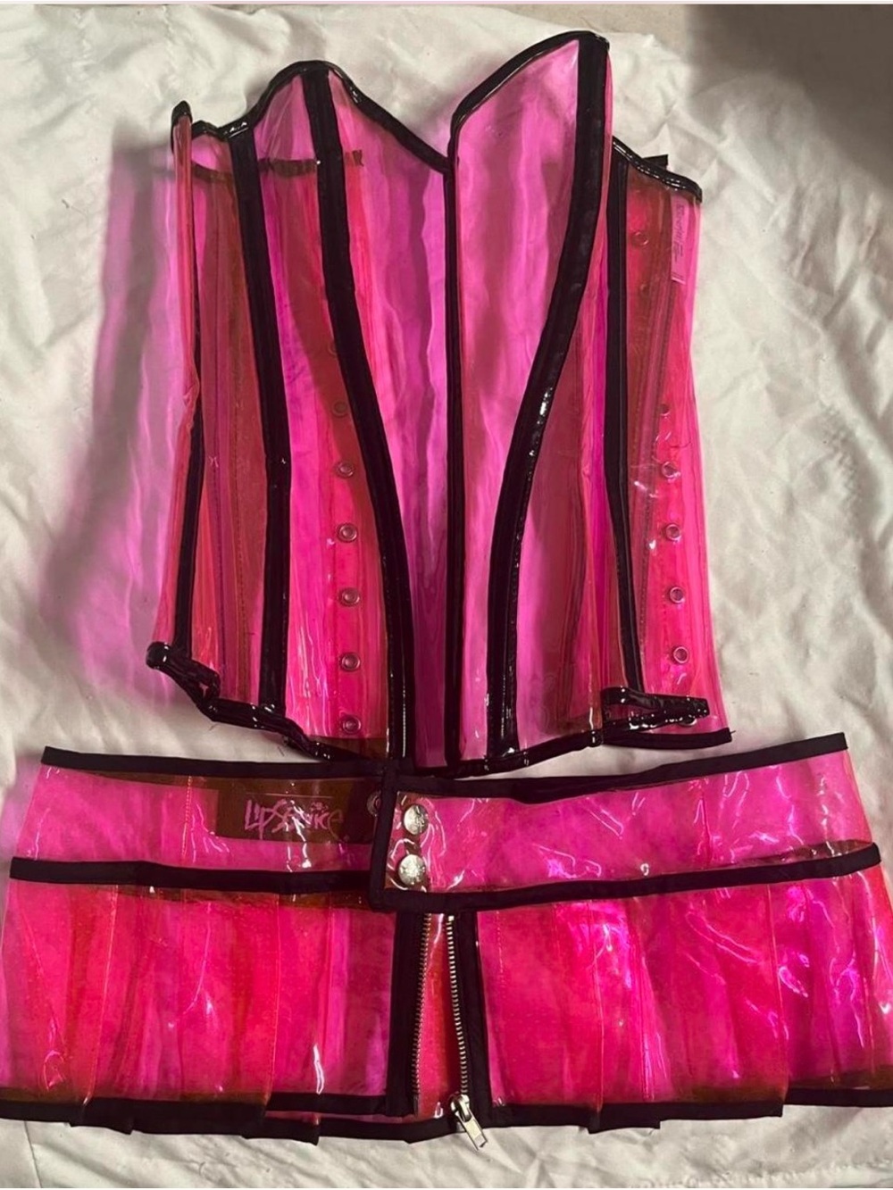 Lip Service Rare Pink Clear Vinyl Corset Top and Mini Skirt Set